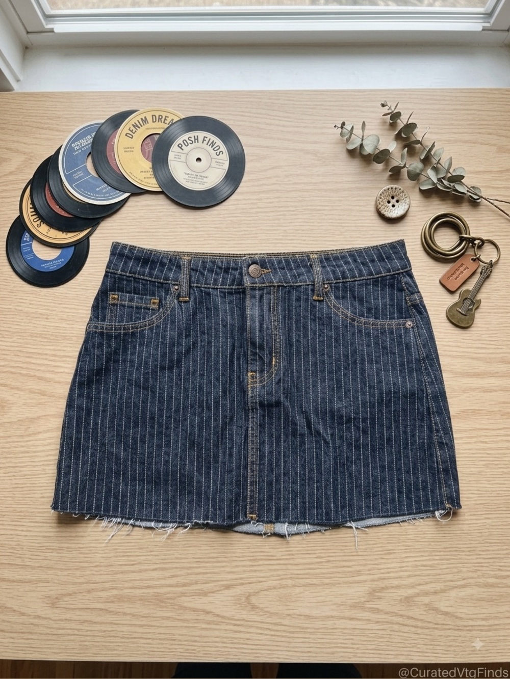No Boundaries Dark Blue Pinstripe Denim Mini Skirt